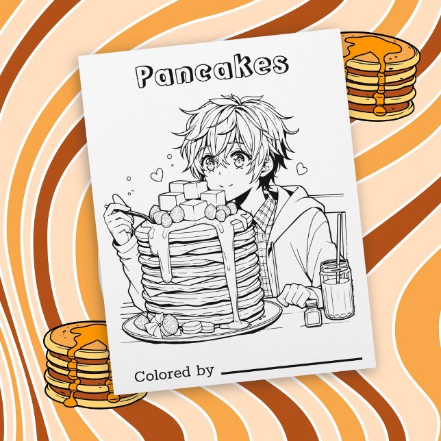 Färg Me Page för barn | Anime Boy Eating Pancakes (Skapare uppladdad)
