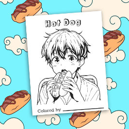 Färg Me Page för barn | Anime Boy som äter en Hotd