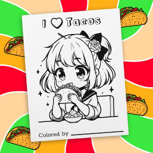 Färg Me Page för barn   I Kärlek Tacos Anime Girl