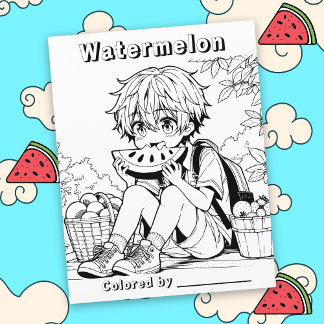 Färg Me-sida | Anime Boy äter Watermelon
