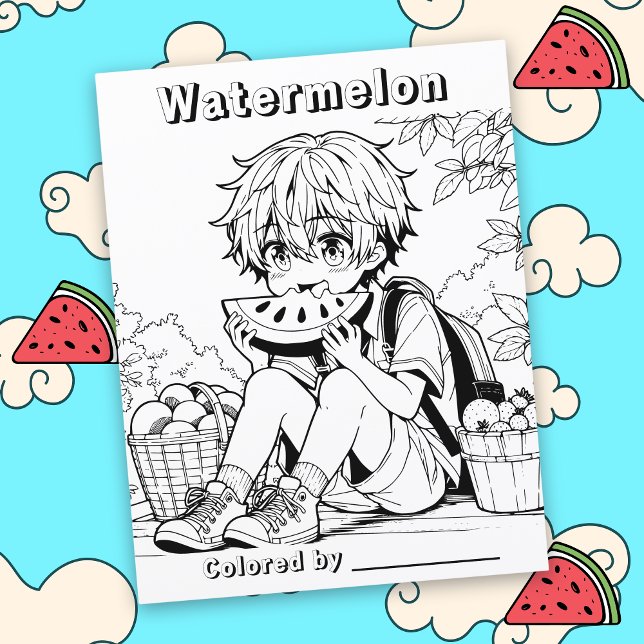 Färg Me-sida | Anime Boy äter Watermelon (Skapare uppladdad)