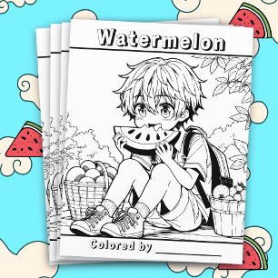 Färg Me-sida   Anime Boy äter Watermelon Reklamblad