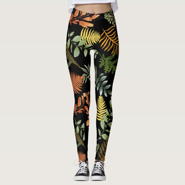 Färg Mörk Fern Botanical Foliage Blommigt Skriv ut Leggings (Framsida)
