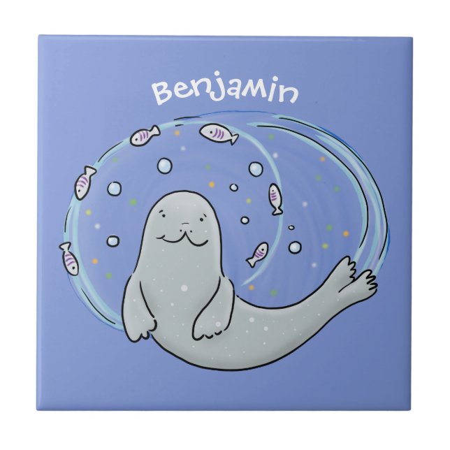 Färg på Cute lycklig och illustration av fiskblått Kakelplatta (Framsidan)