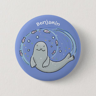 Färg på Cute lycklig och illustration av fiskblått Knapp