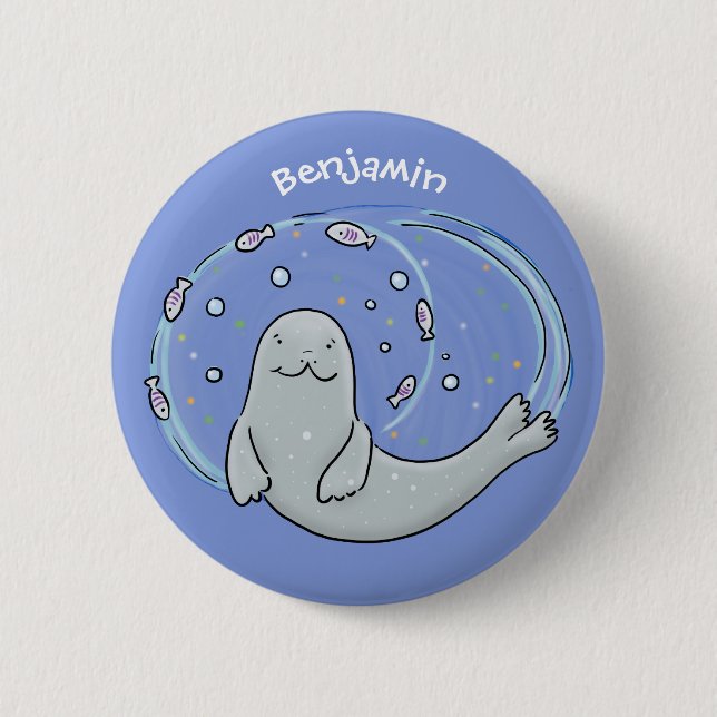 Färg på Cute lycklig och illustration av fiskblått Knapp (Framsida)
