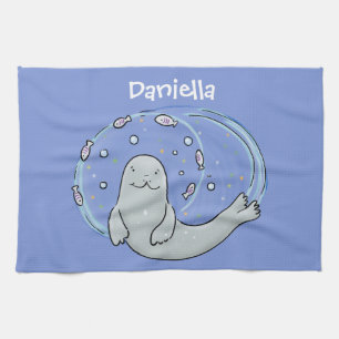 Färg på Cute lycklig och illustration av fiskblått Kökshandduk