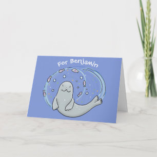 Färg på Cute lycklig och illustration av fiskblått Kort