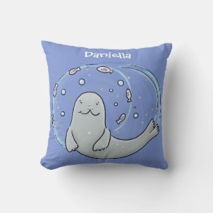 Färg på Cute lycklig och illustration av fiskblått Kudde