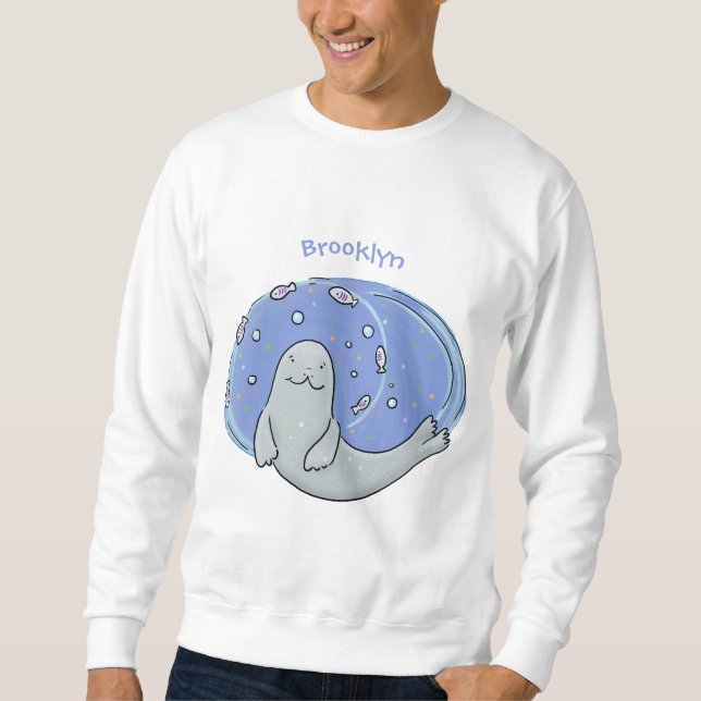 Färg på Cute lycklig och illustration av fiskblått Lång Ärmad Tröja (Framsida)