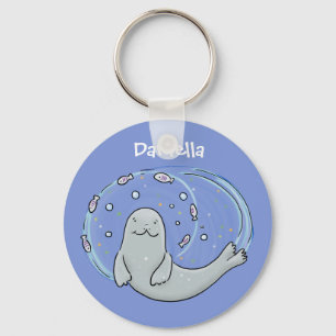 Färg på Cute lycklig och illustration av fiskblått Nyckelring