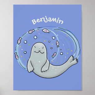 Färg på Cute lycklig och illustration av fiskblått Poster