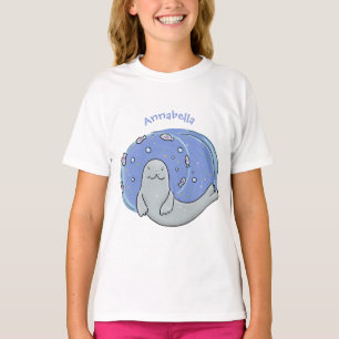 Färg på Cute lycklig och illustration av fiskblått T Shirt