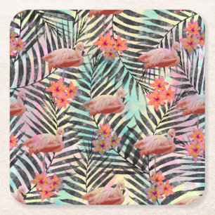 Färg på tropiska flamingos-trendig-blommigt underlägg papper kvadrat