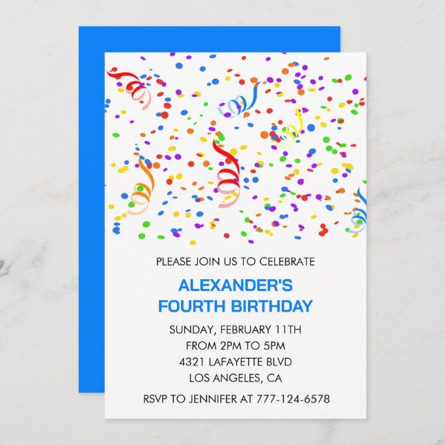 Färg-parters inbjudningar till blå pojke konetti-r (Fram/baksida)