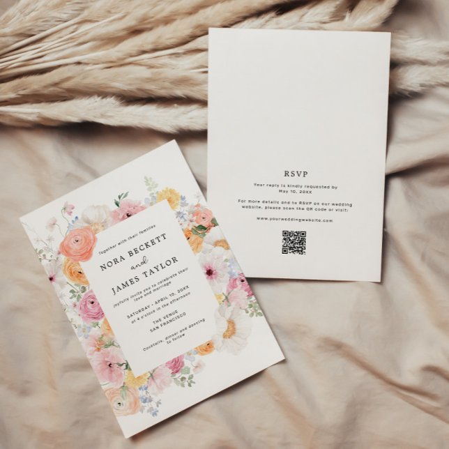 Färg Pastel Blommigt Ram QR-kod Bröllop Inbjudningar (Skapare uppladdad)