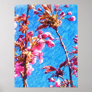 Färg Pencil Teckning - Vår Cherry Blommar Poster