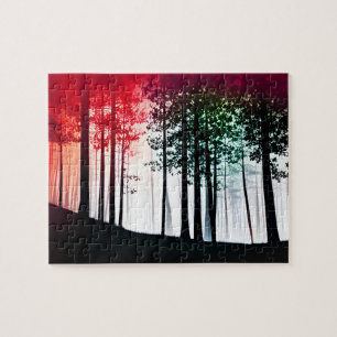 Färg Red Invades Black Silhouette Forest Pussel