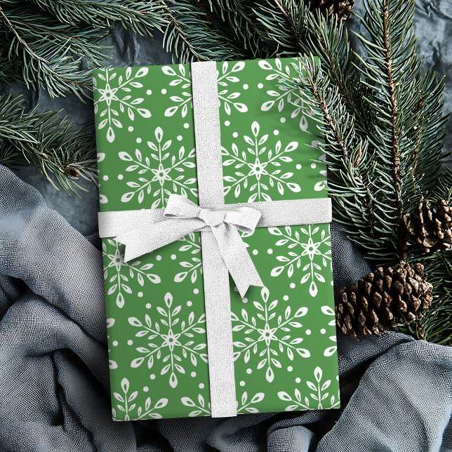 Färg Redigerbara Gröna Blad Snöflingor Jul Presentpapper (Color Editable Green Leaves Snowflakes Christmas Wrapping Paper)