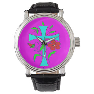Färg rosa med rödblommor blå kor armbandsur