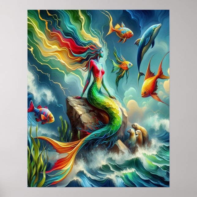 Färg Sjöjungfru på Rocky Shore 16 x 20 Poster (Framsidan)