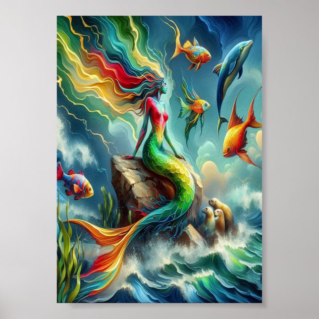 Färg Sjöjungfru på Rocky Shore 5x7 Poster (Framsidan)