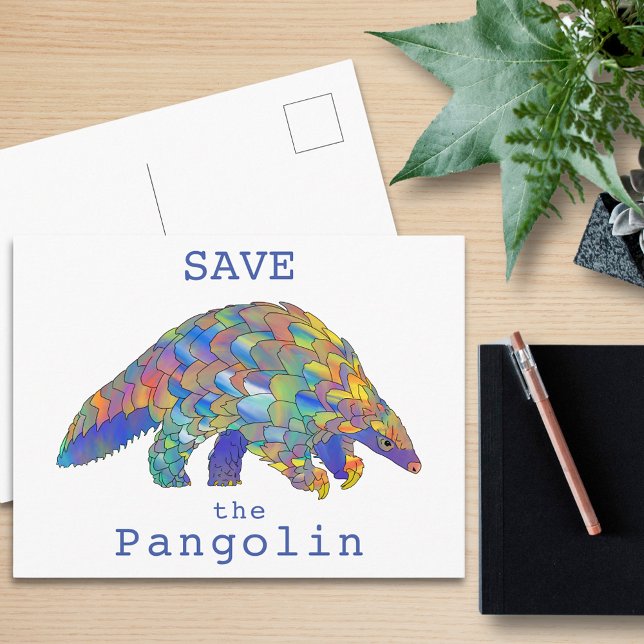 Färg Spara av Pangolin-utrotningshotade djurkonst Vykort (Save the pangolin slogan and cute colorful wild animal art postcard)