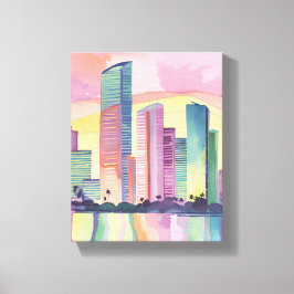 Färg stad | Miami Florida Watercolor Skyline Canvastryck