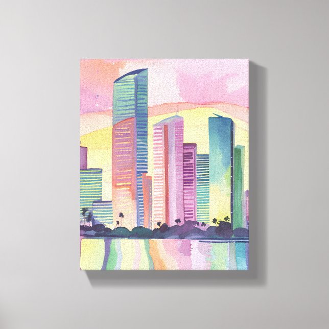 Färg stad | Miami Florida Watercolor Skyline Canvastryck (Framsida)