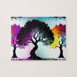 Färg Stänk på Black Silhouette Träd Pussel