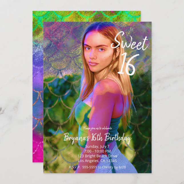 Färg Stänk Sjöjungfru Photo Sweet 16 Party Inbjudningar (Fram/baksida)