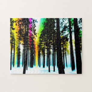 Färg störtar genom Black Silhouette Forest Pussel