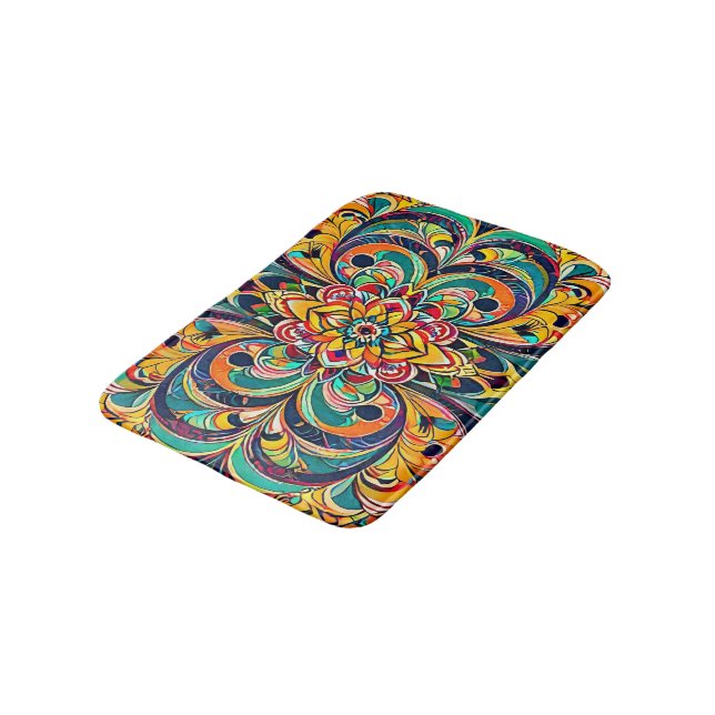 Färg Symfoni Mandala – Djärva Psychedeliska Blommo Badrumsmatta (Vinklad)