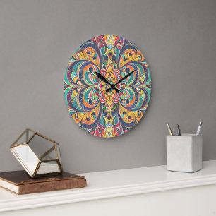 Färg Symfoni Mandala – Djärva Psykedeliska Blommor Stor Klocka