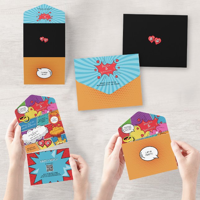 Färg Tecknad Bok Pop Art Bröllop (Colorful Comic Book Pop Art Wedding All In One Invitation)