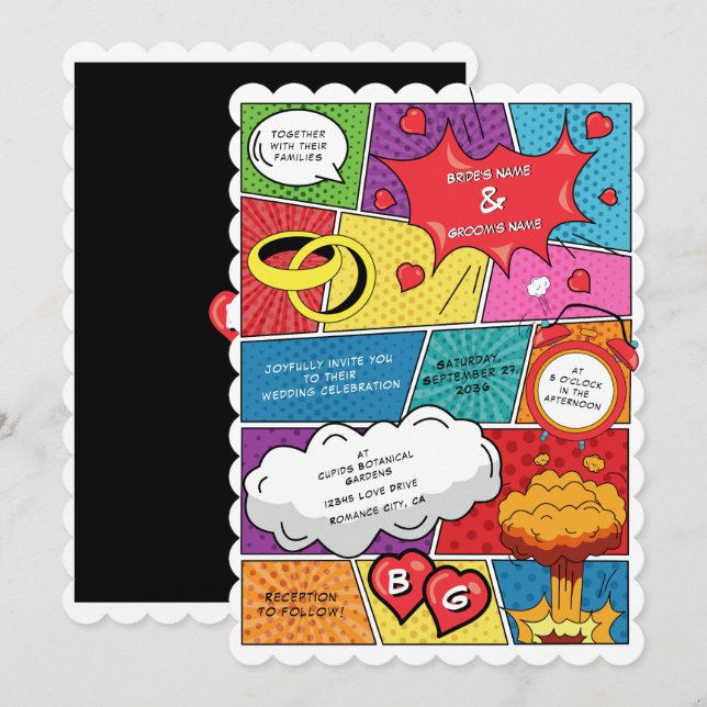 Färg Tecknad Bok Pop Art Bröllop Inbjudningar (Fram/baksida)