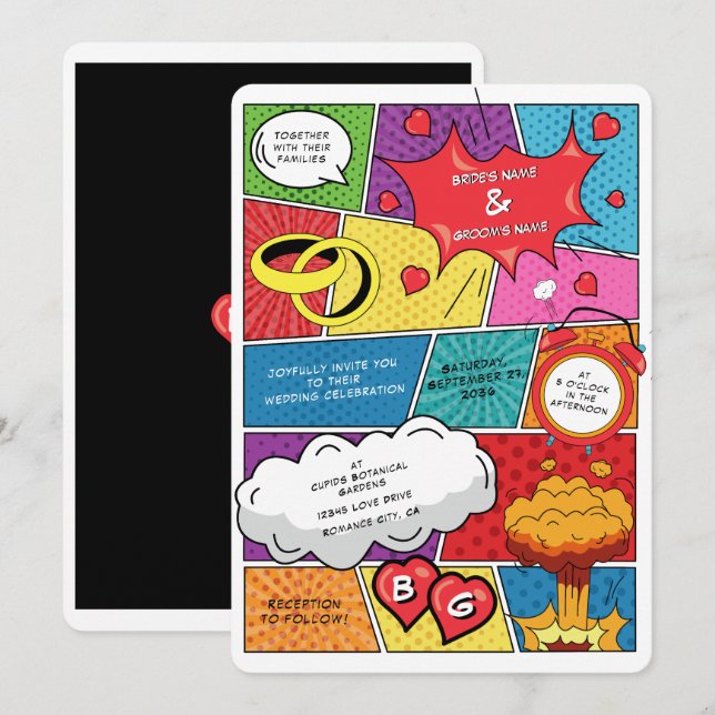 Färg Tecknad Bok Pop Art Bröllop Inbjudningar (Fram/baksida)