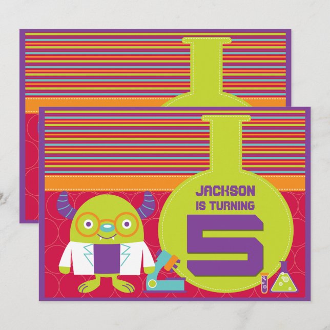Färg Tecknad Mad Scientist 5:e Födelsedagsfesten Inbjudningar (Fram/baksida)