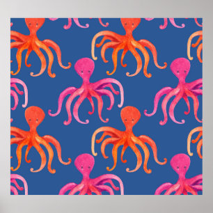 Färg Tecknad Octopus Watercolor Mönster Poster