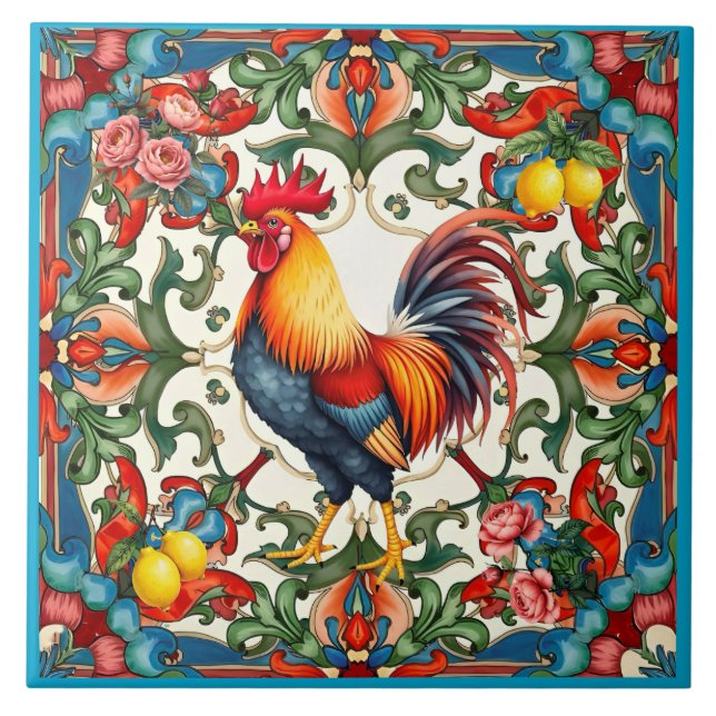Färg tupp,Medelhavet,mosaik,citron, Kakelplatta (Framsidan)