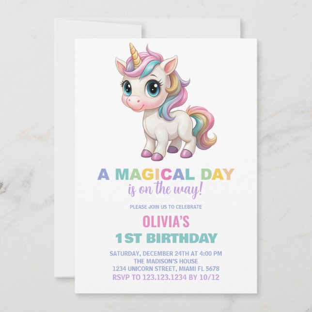 Färg Unicorn Birthday-inbjudningar Inbjudningar (Framsida)