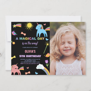 Färg Unicorn Birthday-inbjudningar med foto Inbjudningar