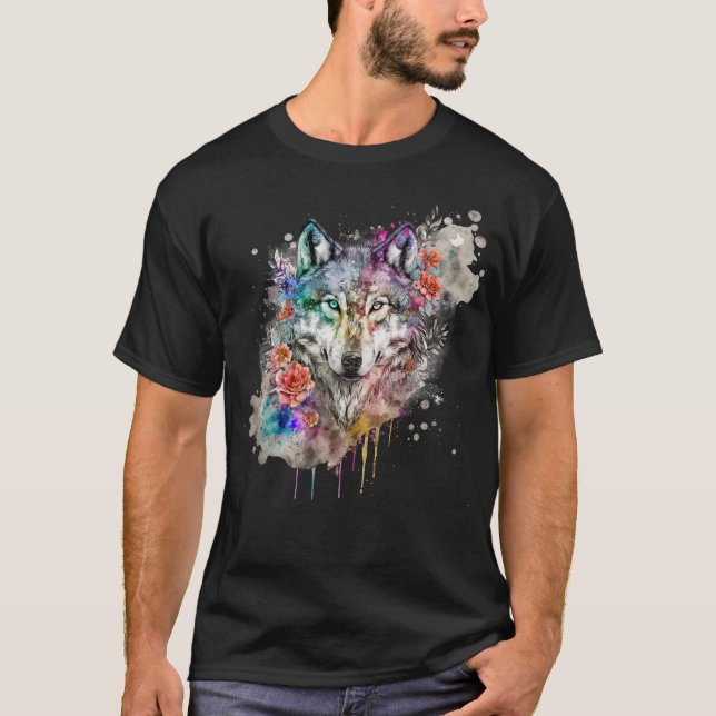 Färg Varg och Blommigtar Vattenfärg i naturen T Shirt (Framsida)