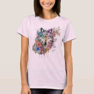 Färg Varg och Blommigtar Vattenfärg i naturen T Shirt