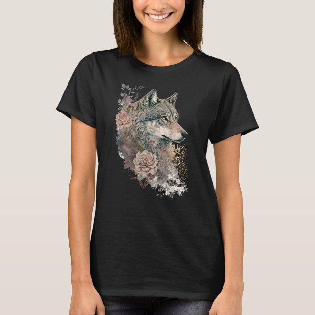 Färg Varg och Blommigtar Vattenfärg i naturen T Shirt (Framsida)