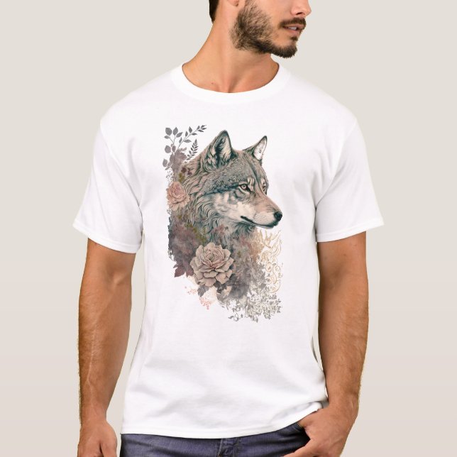Färg Varg och Blommigtar Vattenfärg i naturen T Shirt (Framsida)