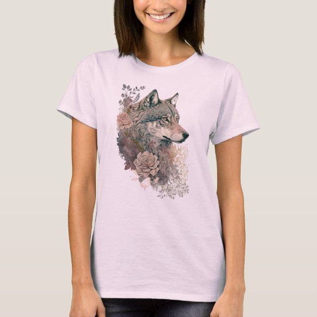Färg Varg och Blommigtar Vattenfärg i naturen T Shirt (Framsida)