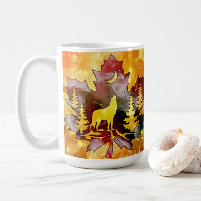 Färg Varg Silhouette med Himmel-design nattetid Kaffemugg (Med munk)