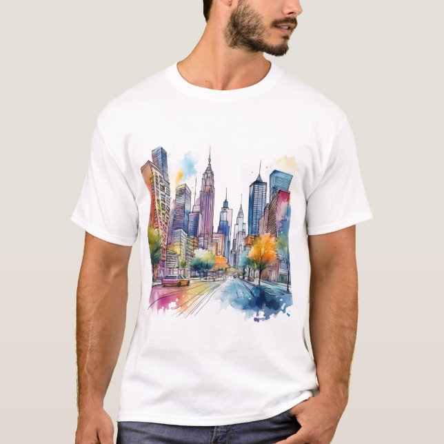 Färg vattenfärg Cityscape T Shirt (Framsida)