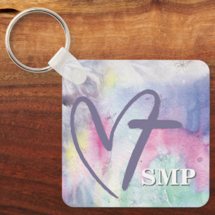 Färg vattenfärg Heart Kor Monogram Nyckelring